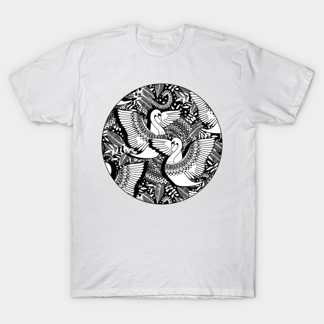 Stylish Swans in Monochrome Black and White T-Shirt by micklyn